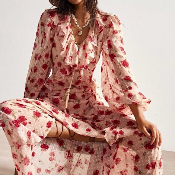 Dresses & Skirts - Apricot Boho Women's Bohemian Floral Print Ruffle Trim Long Sleeve Dress